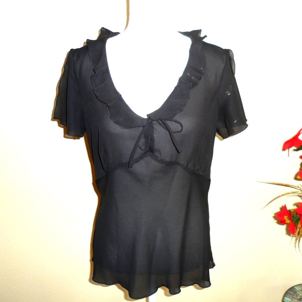 Black and Gold Floral Top with Bow Detail